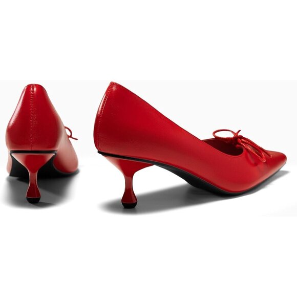 🆕Women Red Faux Leather Kitten Heels Strappy Bow Pointed Toe Dress Pumps - Picture 6 of 7